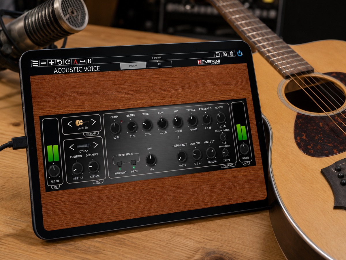 Nembrini Audio Acoustic Voice running on an iPad beside an acoustic guitar and microphone