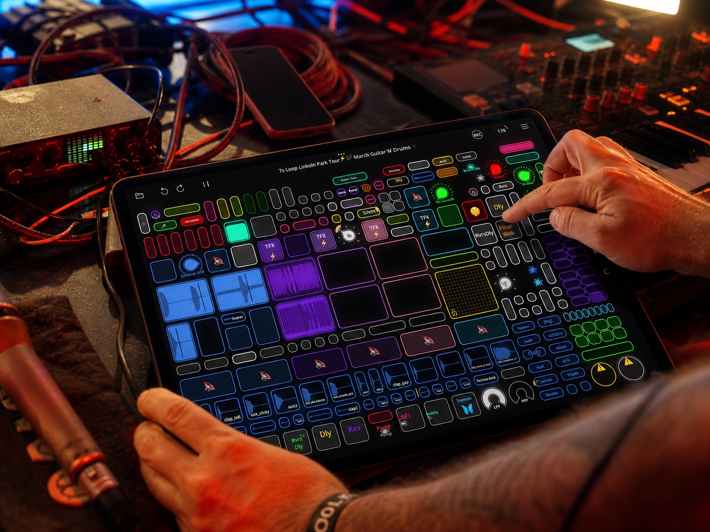 Kristóf performing with a custom Loopy Pro electronic performance template.