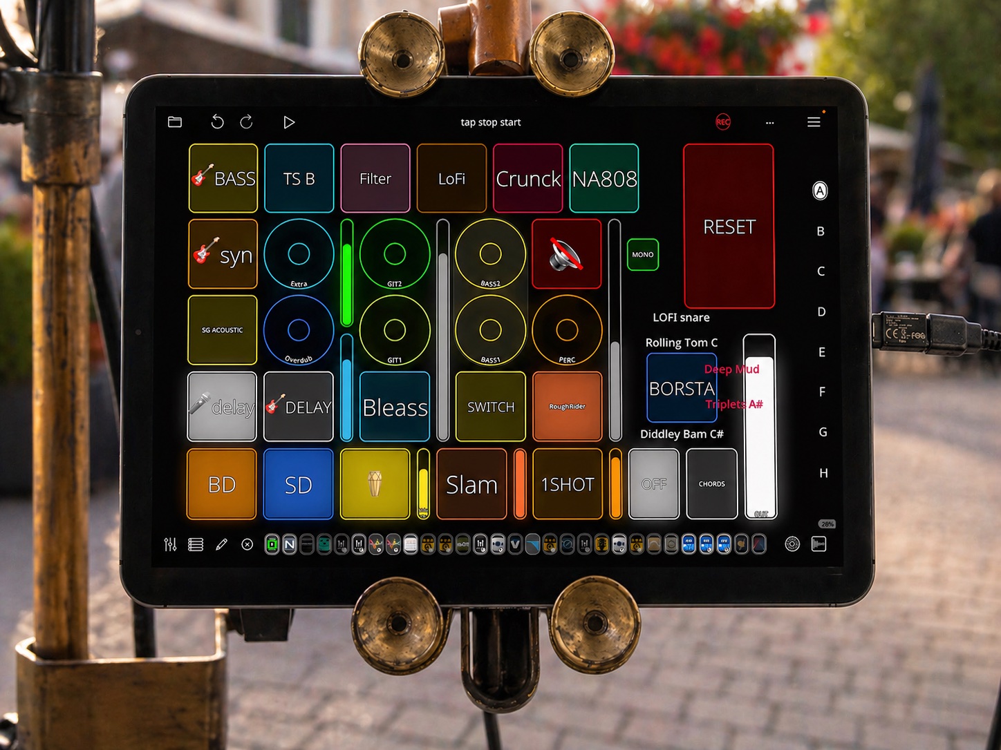 Markus K performing with Loopy Pro as part of a compact street-concert rig.