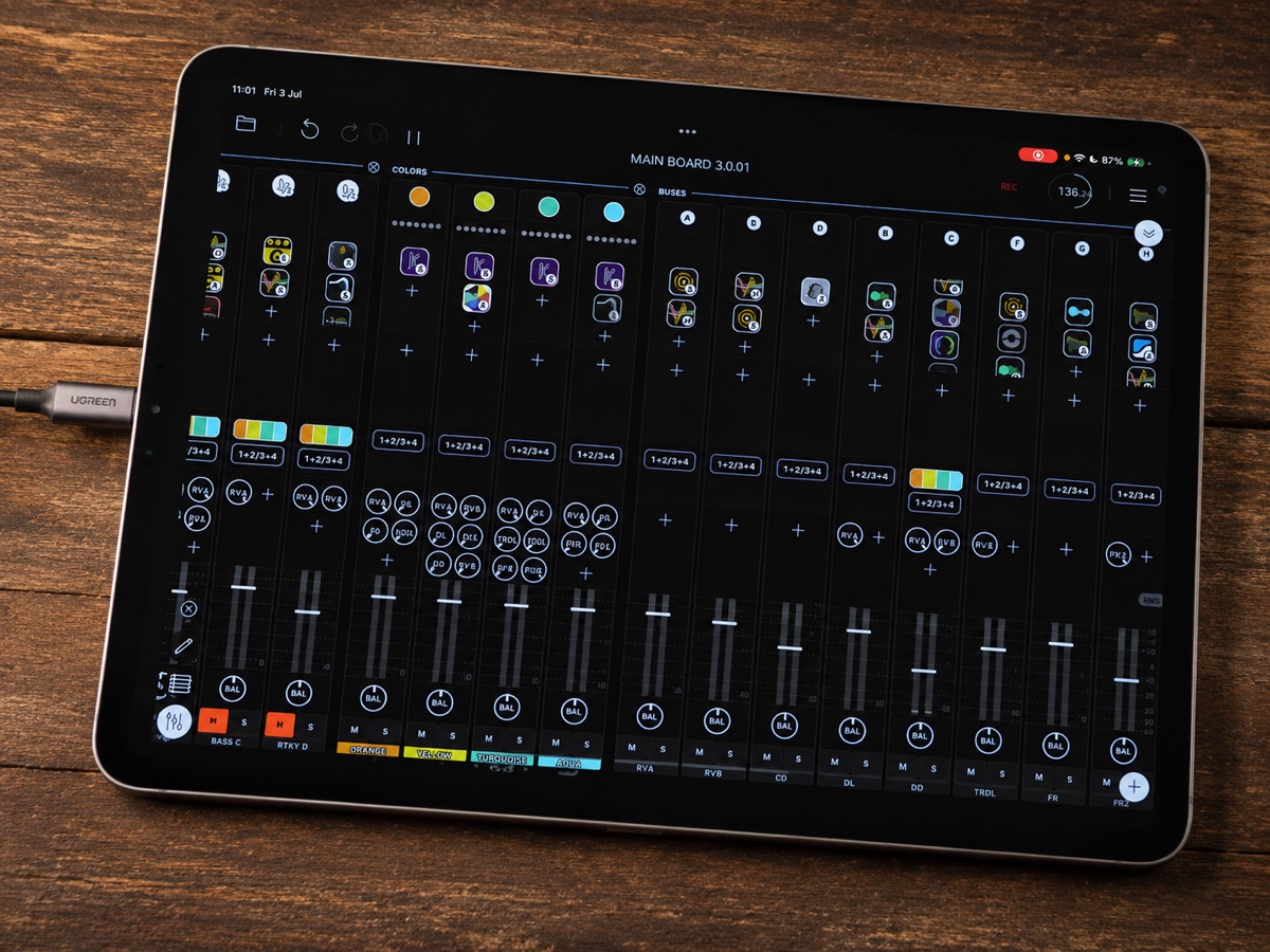 Max Yar's Loopy Pro mixer and bus view on an iPad.