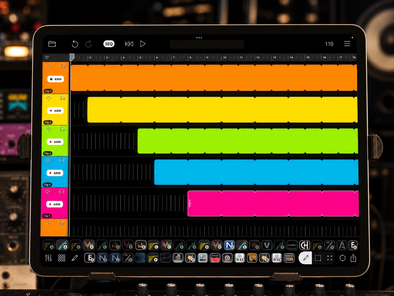 Loopy Pro sequencer view used for hands-free recording and arrangement.
