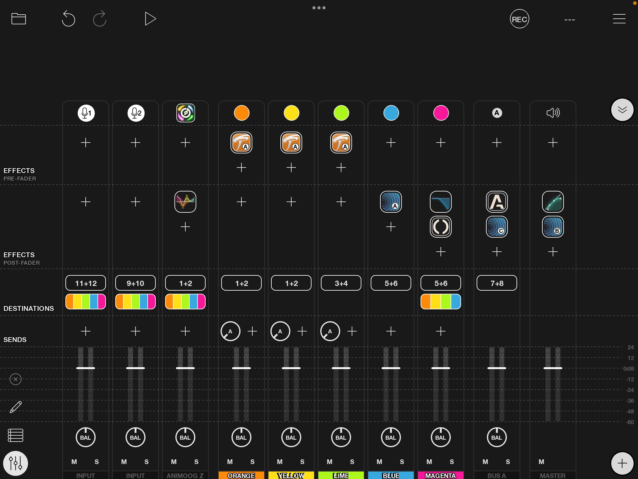 Loopy Pro's mixer in extended mode