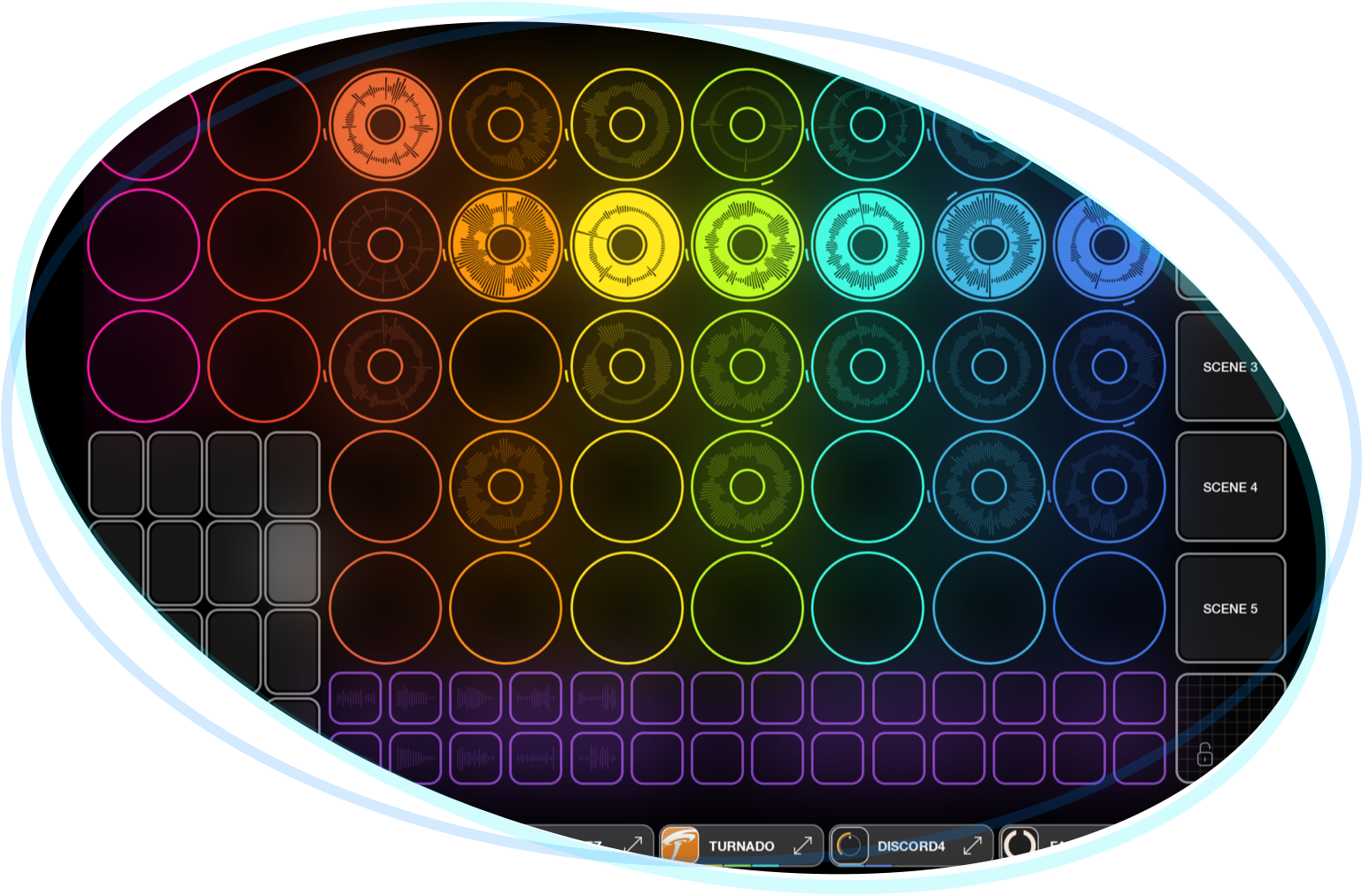 Loopy Pro screenshot showing loops in scenes with a clip slicer and one-shots