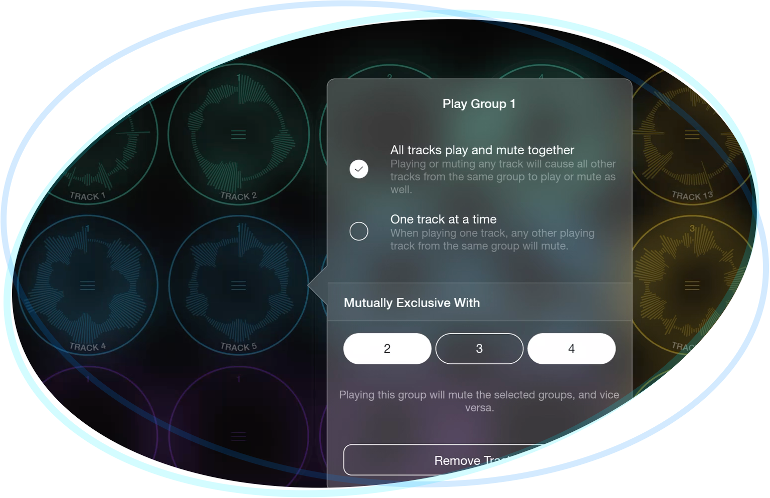 Loopy Pro screenshot showing play group settings with mutual exclusive setting