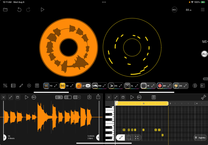 Loopy Pro with audio and MIDI editors on screen
